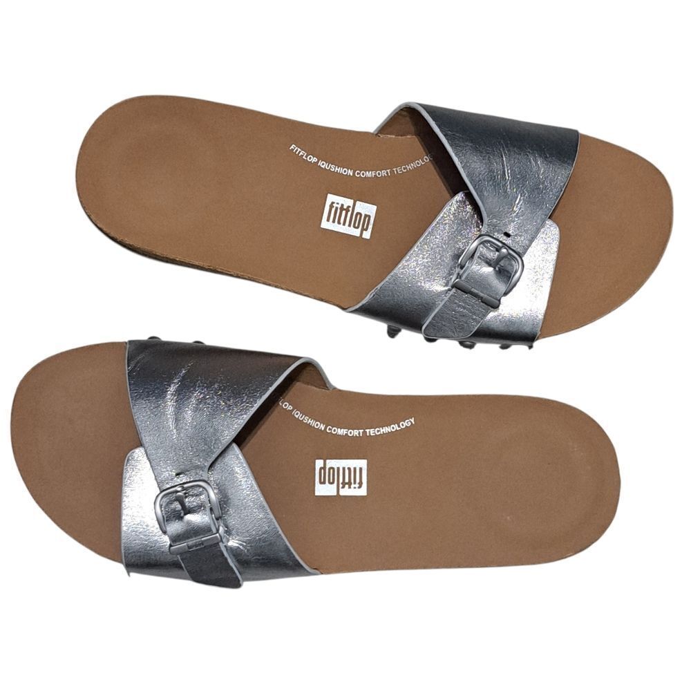 Fitflop Iqushion Adjustable Buckle HT2 Platform Mules Slip On Silver Size 9